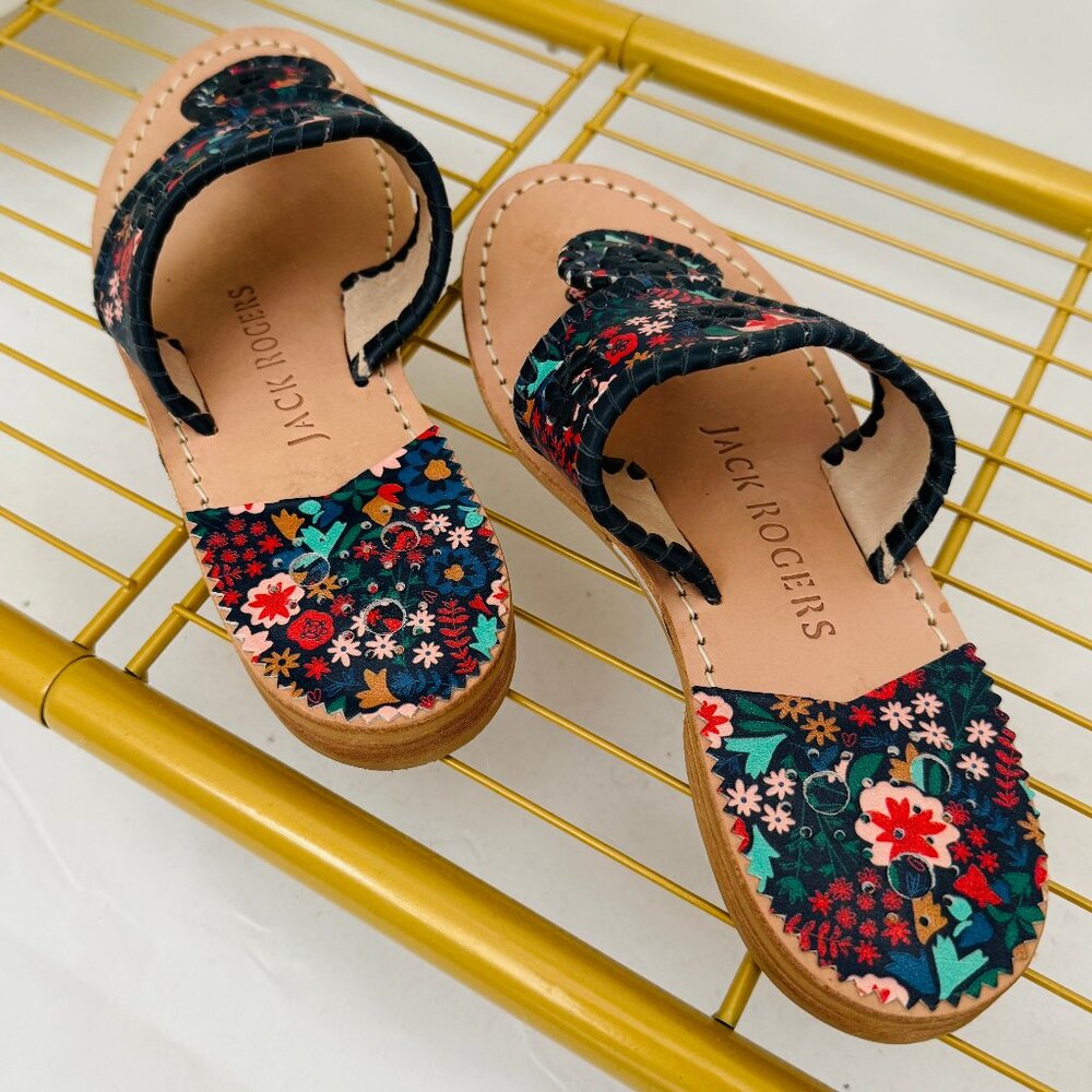 Jack Rogers Women's Jacks Leather Floral Flat Sandals Size 5